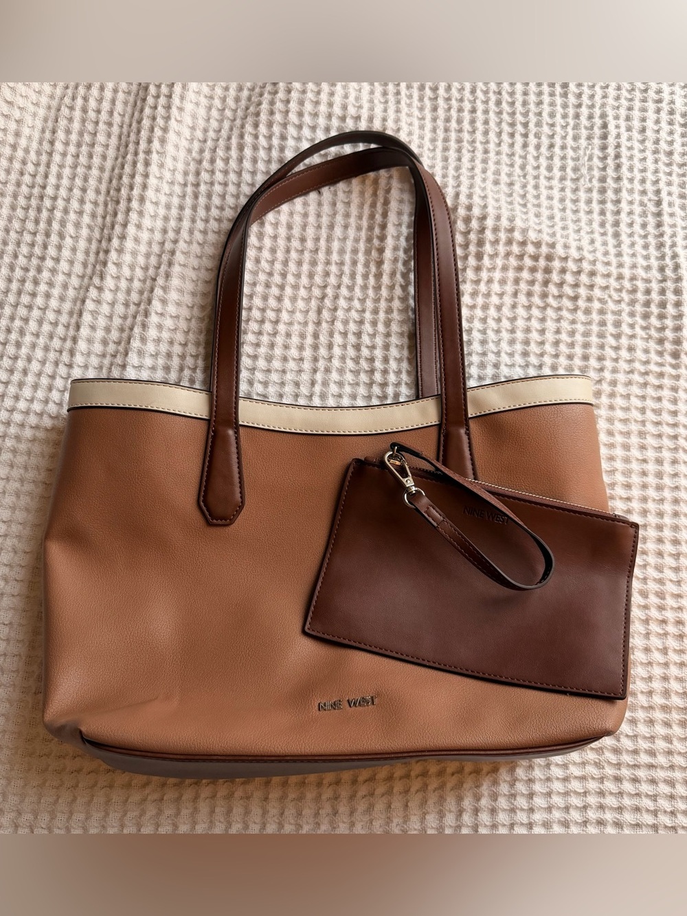 Nine West Tan and Dark Brown Tote with Cream Trim and Wristlet